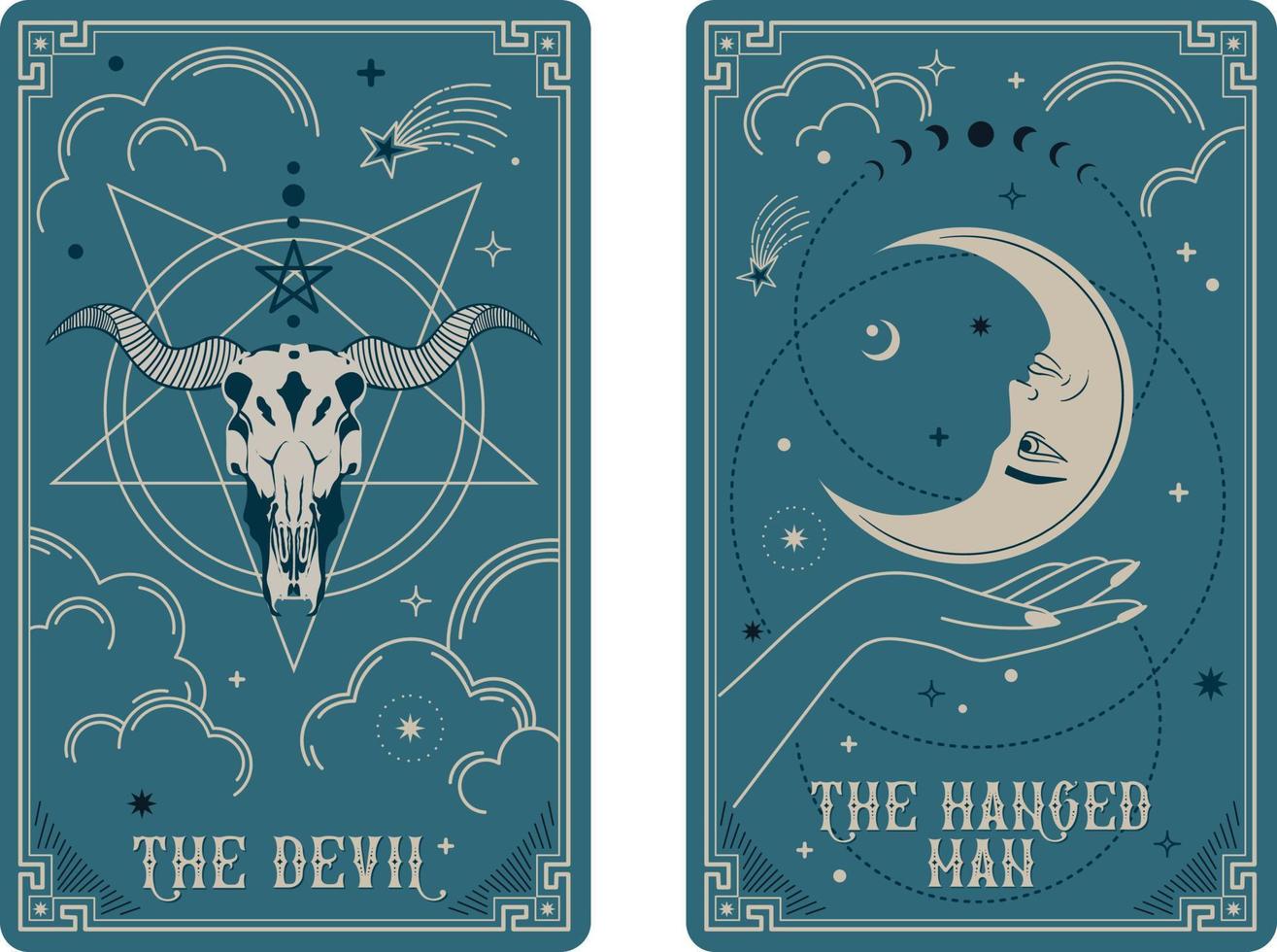 tarot kaarten dood en de opgehangen Mens, hemel- tarot kaarten eenvoudig heks tarot vector
