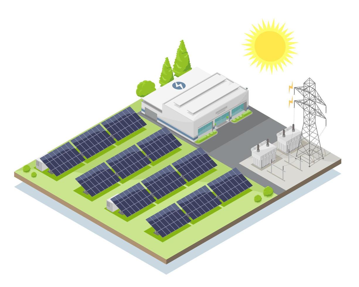 zonne- panelen boerderij macht fabriek met zonne- cel groen energie ecologie krachtpatser concept elektriciteit in natuur isometrische vector geïsoleerd