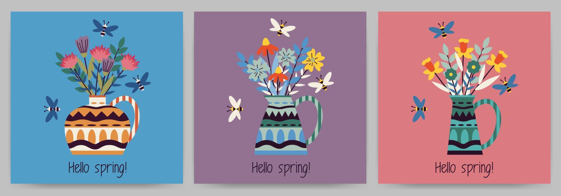 reeks van ansichtkaarten, uitnodigingen, Hallo de lente. plein Sjablonen met bloemen in een vaas, bijen en tekst. vector illustratie Aan een gekleurde achtergrond.
