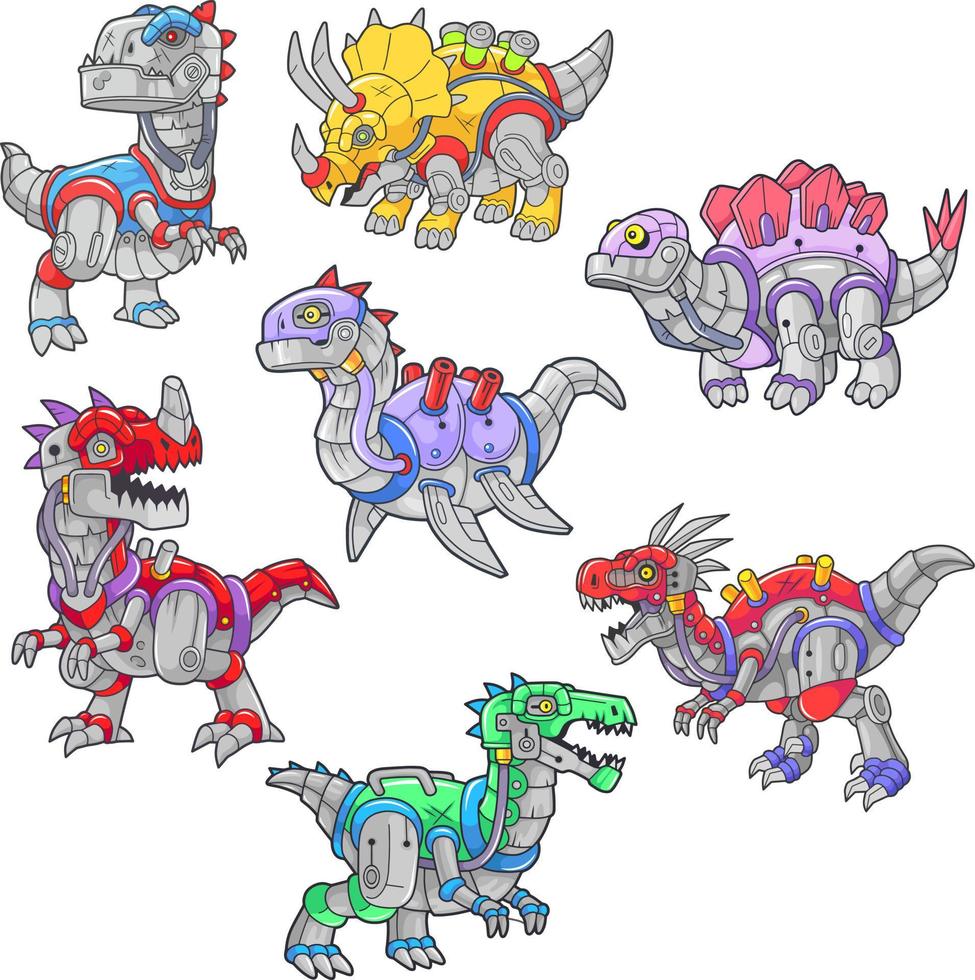 tekenfilm grappig robot dinosaurussen, reeks van afbeeldingen vector