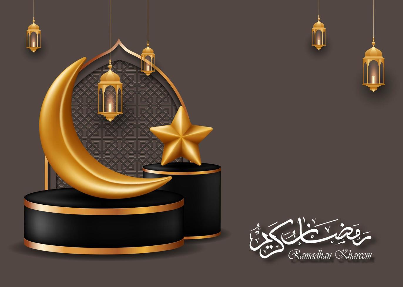 Ramadan kareem Sjablonen. Islamitisch groet kaart met gouden decoratie, maan. ster, lantaarn en podium, geïsoleerd Aan bruin achtergrond. 3d vector illustratie