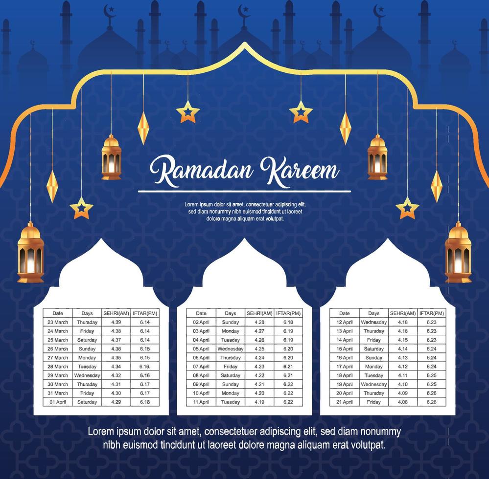 Ramadan kareem Islamitisch kalender sjabloon en sehri ifter tijd schema vector