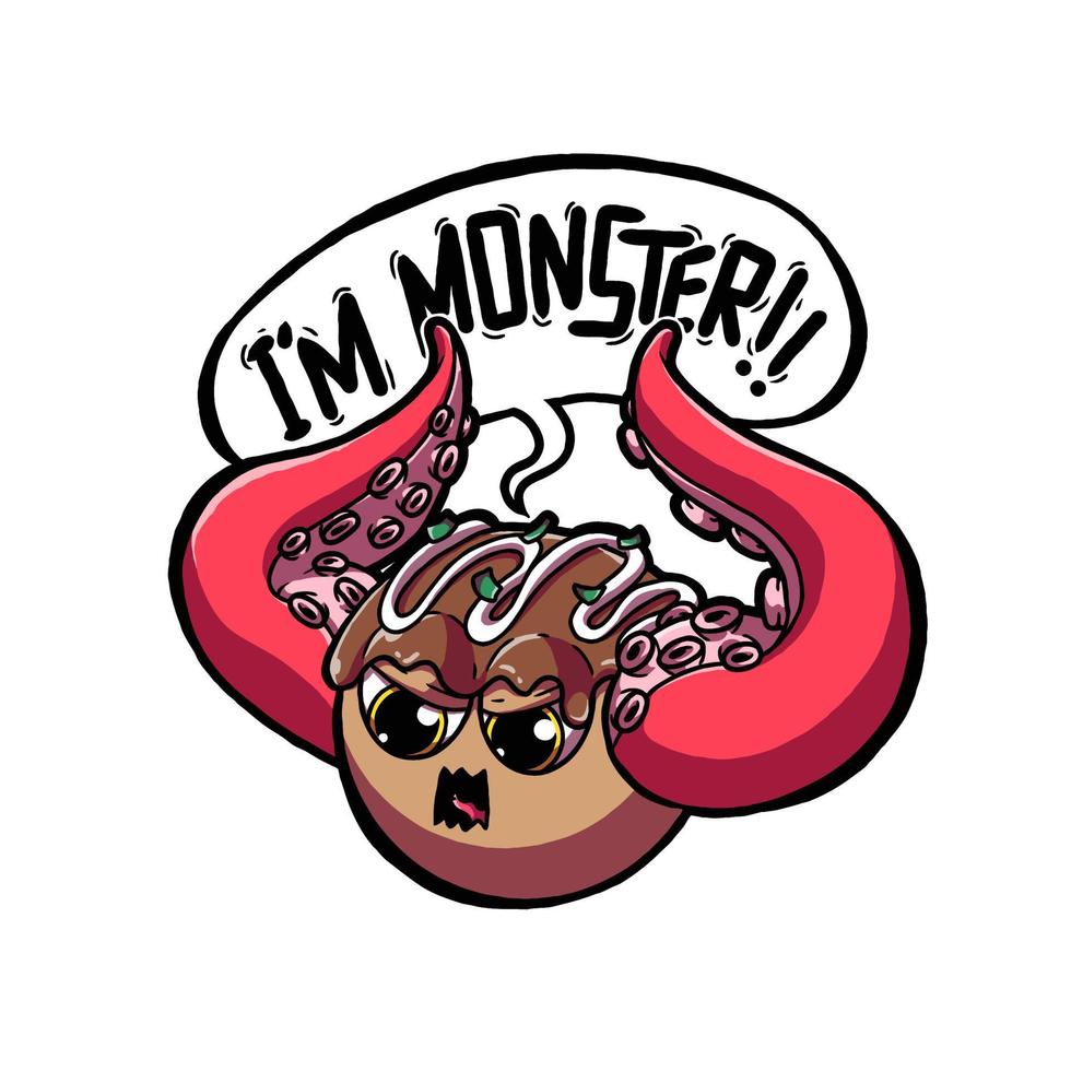 vector illustratie beeltenis een takoyaki monster plakken uit een Octopus hand. deze beeld is Super goed voor stickers of t-shirt ontwerpen.