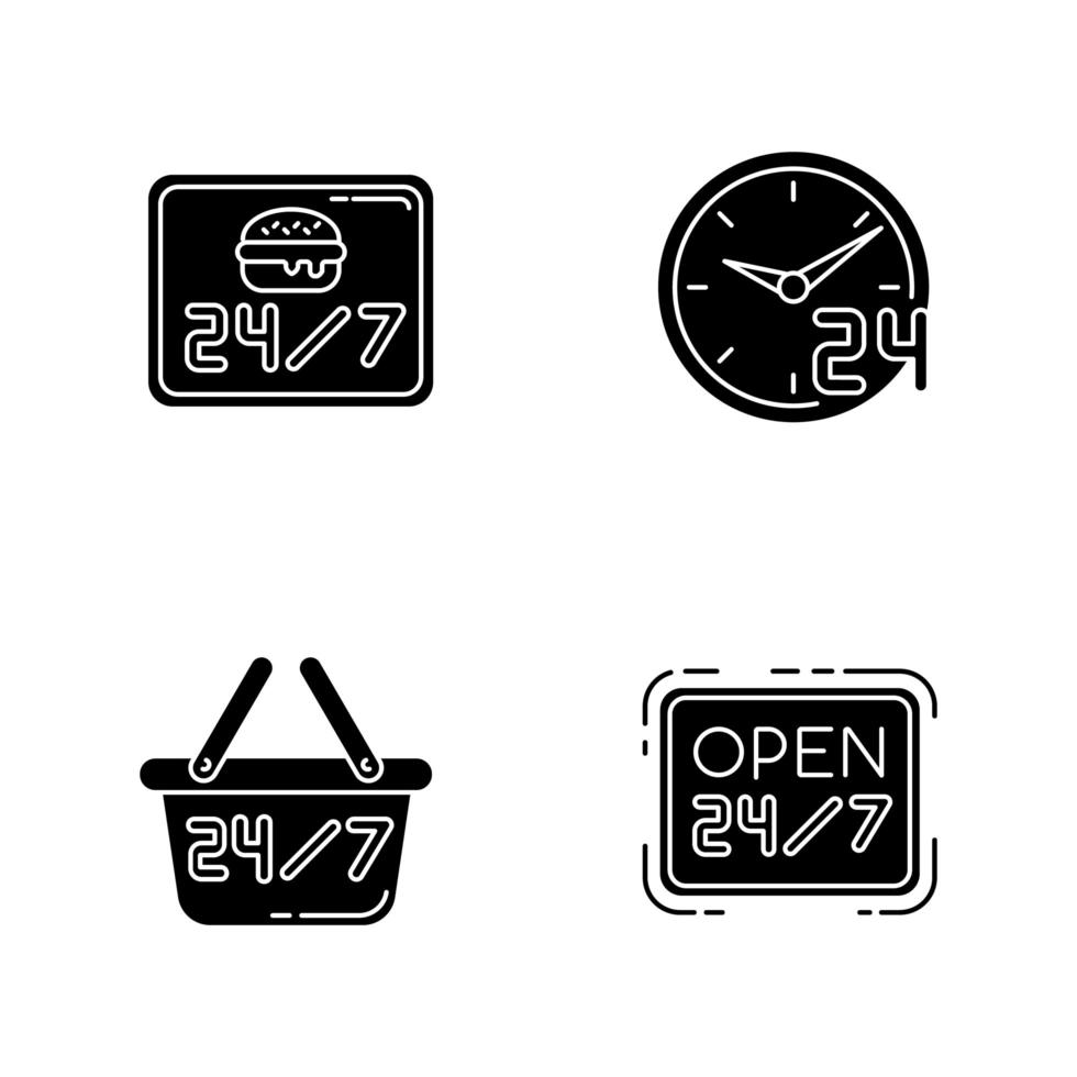 24 7-uurs service zwarte glyph-pictogrammen ingesteld op witte ruimte. dagelijks open burgercafé. 24 uur per dag geopend restaurant. open vierentwintig zeven uur. silhouet symbolen. vector geïsoleerde illustratie