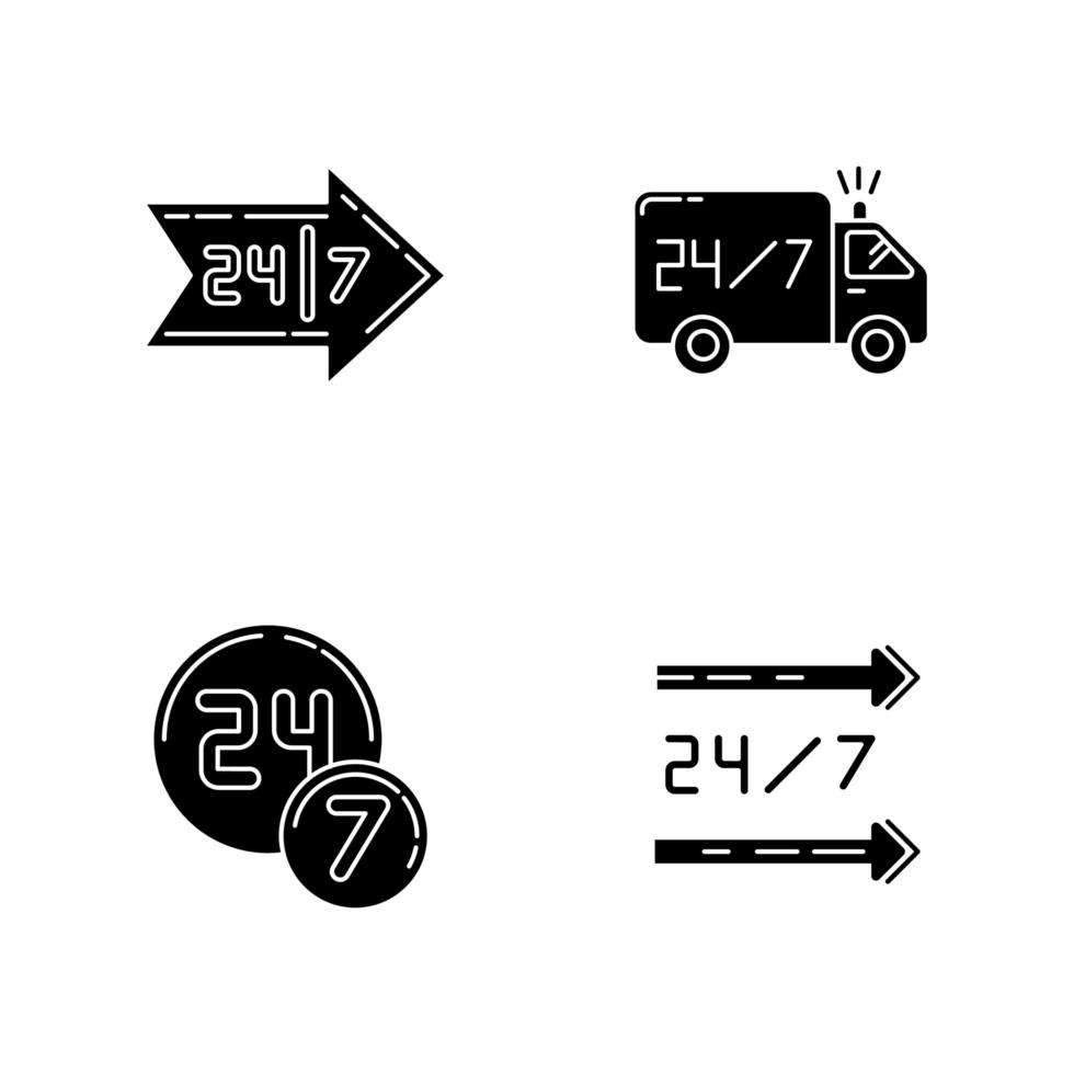 24 7-uurs service zwarte glyph-pictogrammen ingesteld op witte ruimte. de hele dag beschikbare bestelwagen. 24 uur per dag open supermarkt. 24 uur winkel. silhouet symbolen. vector geïsoleerde illustratie