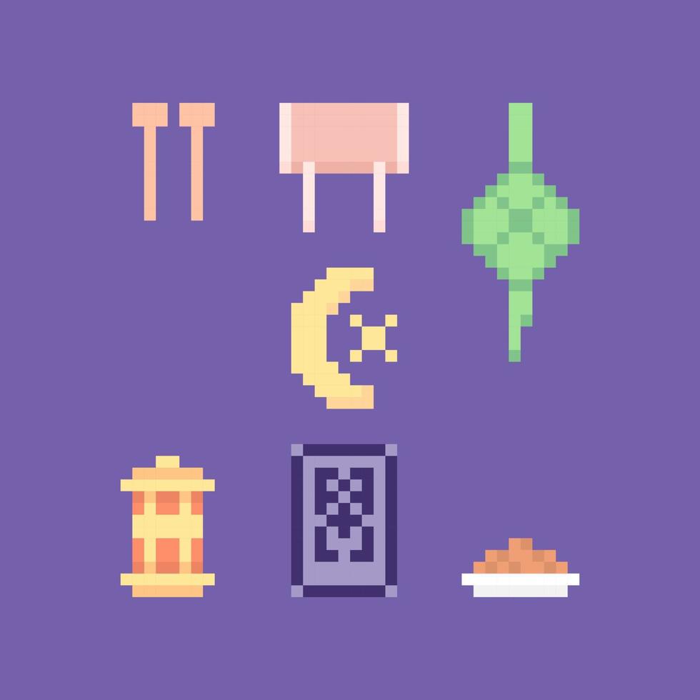 pixel pictogrammen en symbolen. trommels, trommel kloppers, ketupat, maan sterren, lantaarns, een bord van datums, gebed matten. illustratie van ontwerp elementen over Ramadan en Islam. spel middelen vector