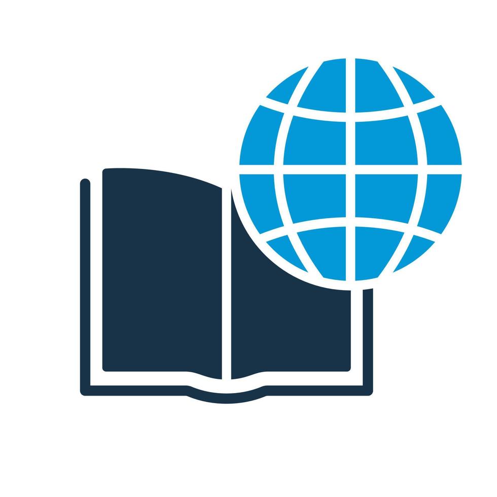 Internationale onderwijs silhouet icoon. globaal aan het leren, afstand onderwijs en online cursussen. academie online leren en bibliotheek. Open boek met wereldbol icoon. vector illustratie.