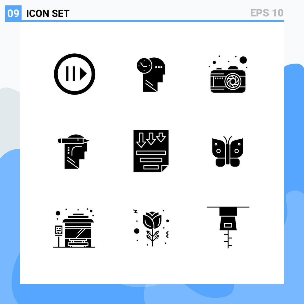 9 thematisch vector solide glyphs en bewerkbare symbolen van bladzijde gegevens camera schrijven geest bewerkbare vector ontwerp elementen