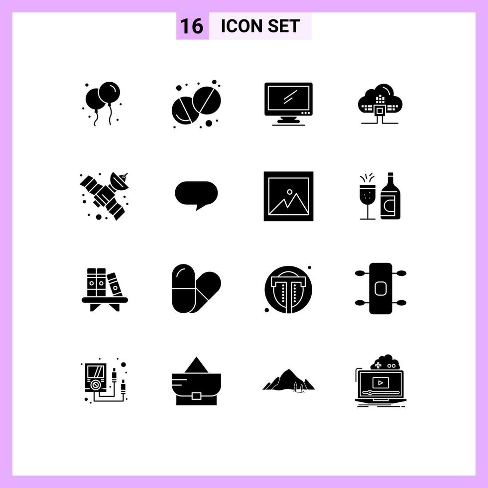 16 solide glyph concept voor websites mobiel en apps ruimte GPS apparaat scince gegevens bewerkbare vector ontwerp elementen
