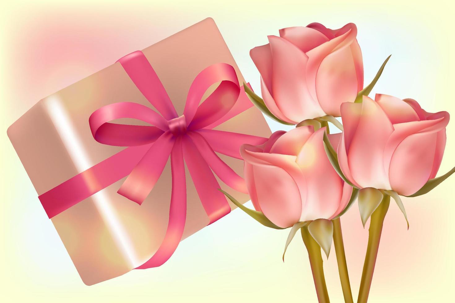 drie rozen en een geschenk doos Aan een licht achtergrond. universeel vakantie achtergrond. vector beeld