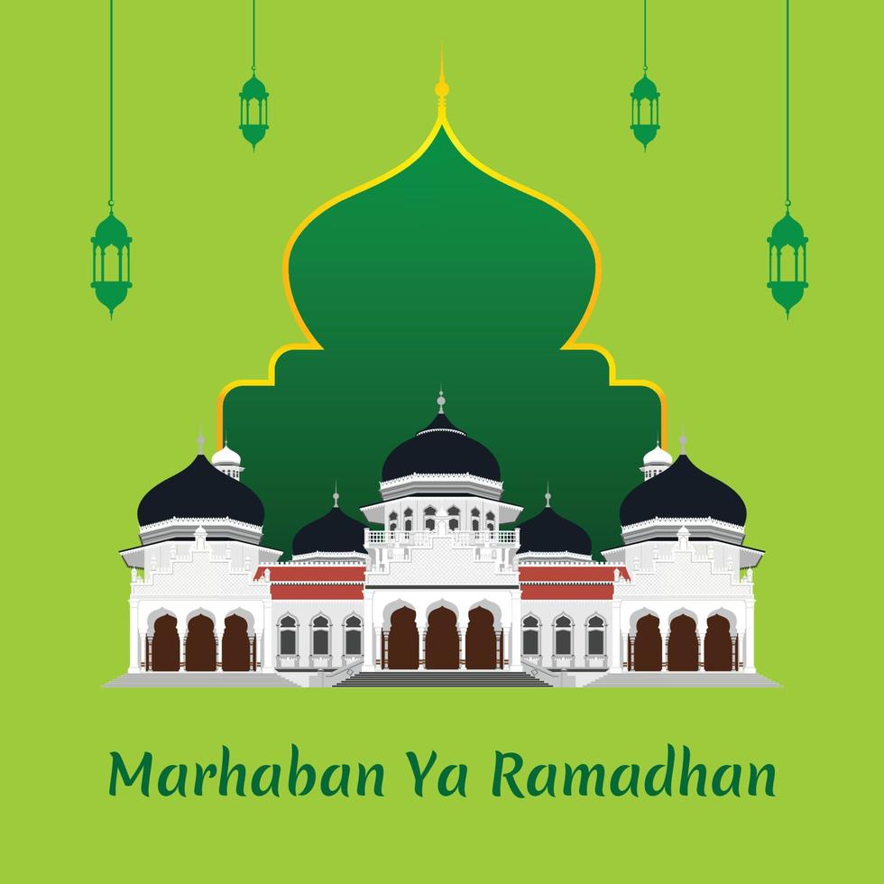 marhaban ja Ramadhan groet Welkom de heilig maand van Ramadhan met masjid raya Baituraman aceh vector illustratie, geïsoleerd Aan groen achtergrond.