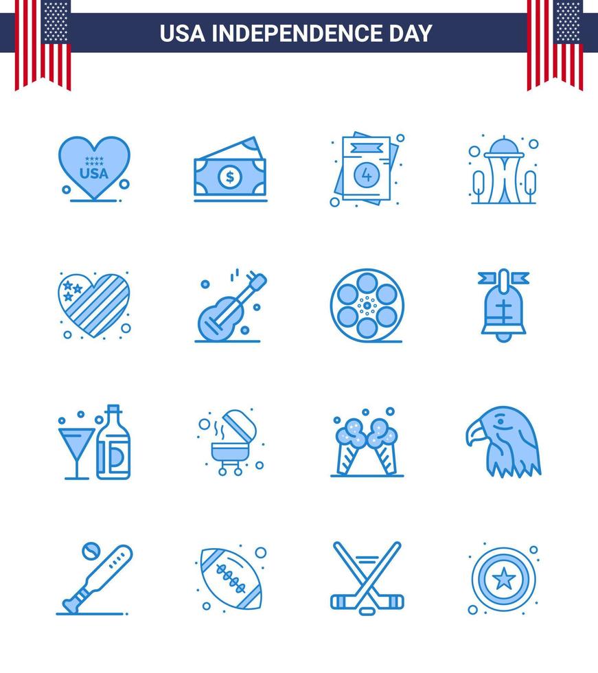 4e juli Verenigde Staten van Amerika gelukkig onafhankelijkheid dag icoon symbolen groep van 16 modern blues van vlag ruimte uitnodiging naald- gebouw bewerkbare Verenigde Staten van Amerika dag vector ontwerp elementen