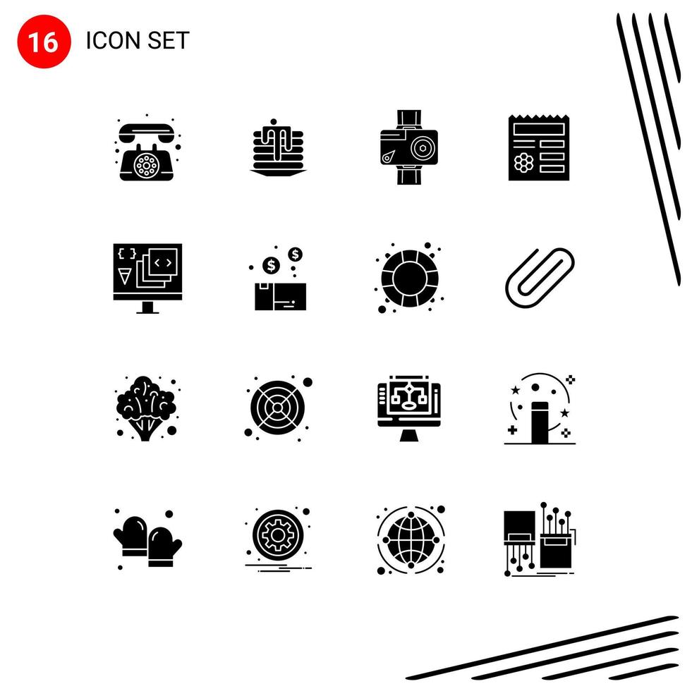 16 solide glyph concept voor websites mobiel en apps app manu camera ui foto bewerkbare vector ontwerp elementen