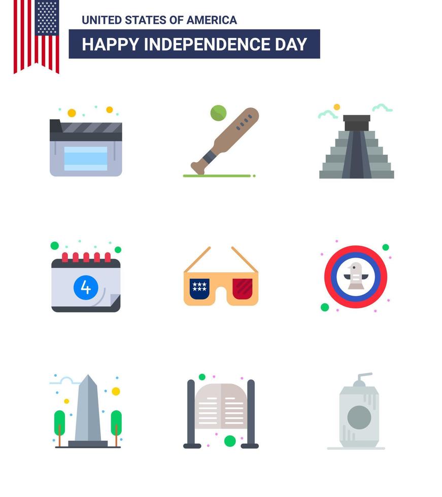 gelukkig onafhankelijkheid dag 4e juli reeks van 9 flats Amerikaans pictogram van bril dag gebouw datum Amerikaans bewerkbare Verenigde Staten van Amerika dag vector ontwerp elementen