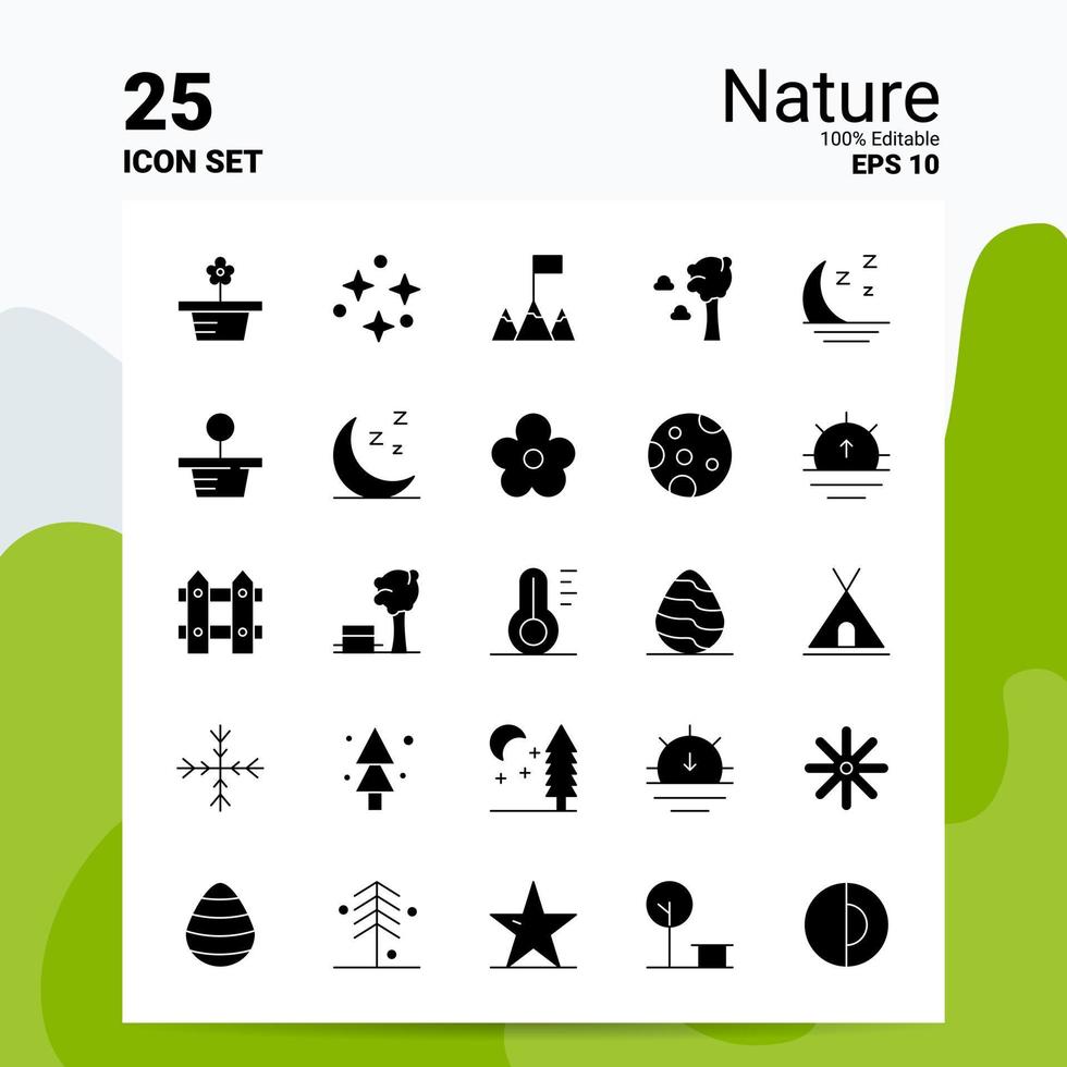 25 natuur icoon reeks 100 bewerkbare eps 10 bestanden bedrijf logo concept ideeën solide glyph icoon ontwerp vector