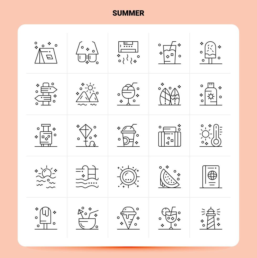 schets 25 zomer icoon reeks vector lijn stijl ontwerp zwart pictogrammen reeks lineair pictogram pak web en mobiel bedrijf ideeën ontwerp vector illustratie