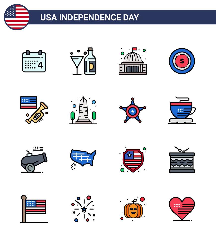 4e juli Verenigde Staten van Amerika gelukkig onafhankelijkheid dag icoon symbolen groep van 16 modern vlak gevulde lijnen van vlag dollar glas Amerikaans mijlpaal bewerkbare Verenigde Staten van Amerika dag vector ontwerp elementen