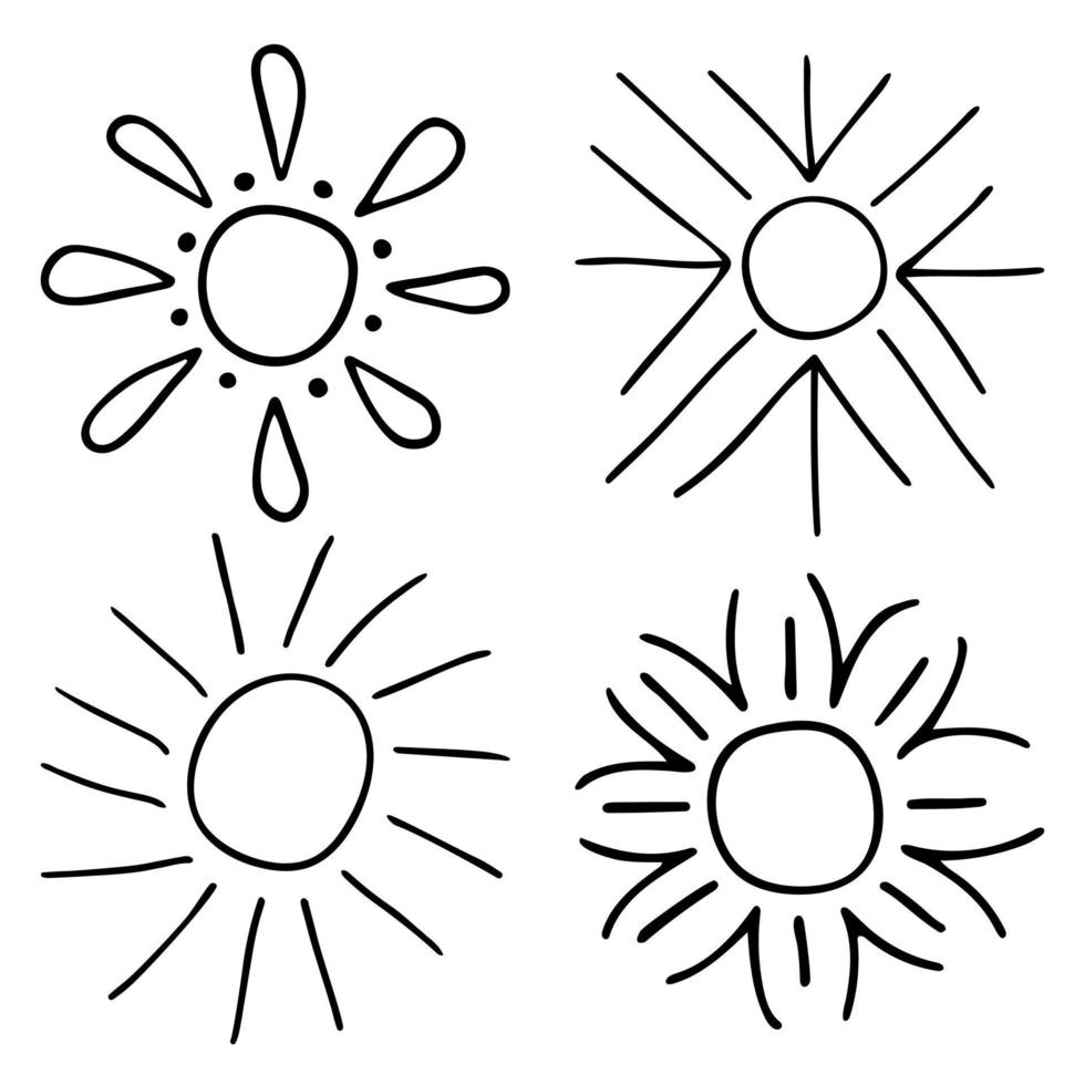 tekening contouren van de zon. vector tekening van zonnestralen. verscheidenheid van zonnestralen