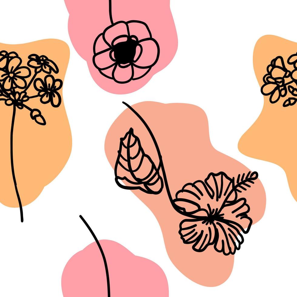 bloemen met kleurrijk borstel naadloos patroon in vlak tekening tekenfilm stijl. vector naadloos behang met wit achtergrond.