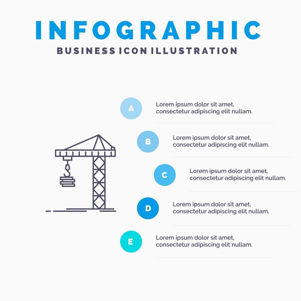 kraan gebouw bouw construeren toren lijn icoon met 5 stappen presentatie infographics achtergrond vector