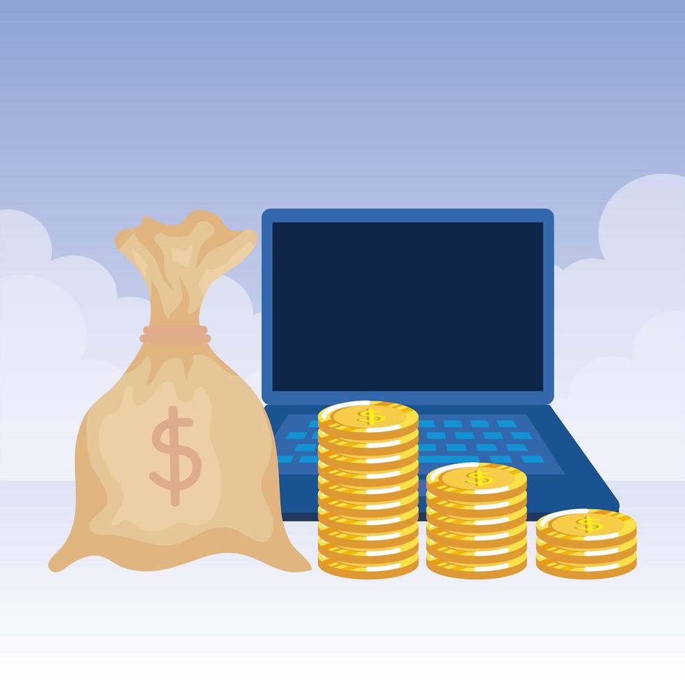 munten geld dollars met laptop vector