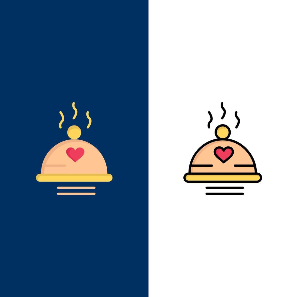 avondeten voedsel bbq liefde Valentijn pictogrammen vlak en lijn gevulde icoon reeks vector blauw achtergrond