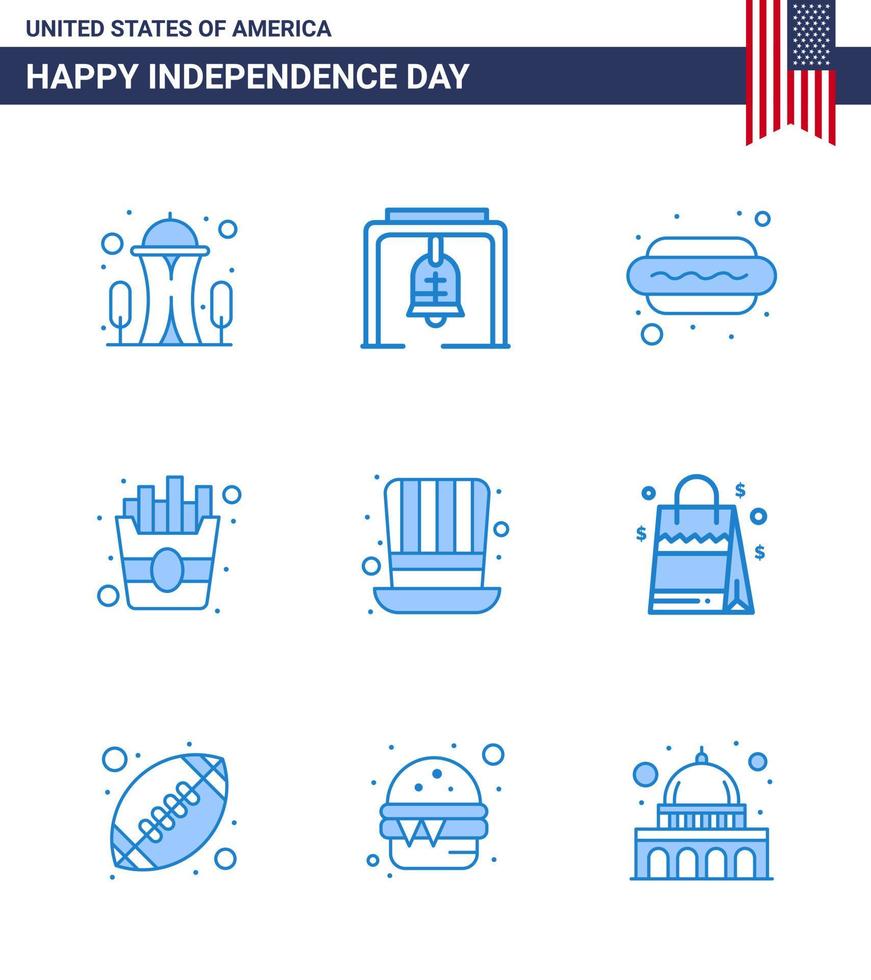 9 Verenigde Staten van Amerika blauw pak van onafhankelijkheid dag tekens en symbolen van presidenten dag heet hond Patat snel bewerkbare Verenigde Staten van Amerika dag vector ontwerp elementen