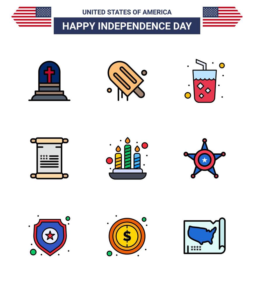 gelukkig onafhankelijkheid dag 4e juli reeks van 9 vlak gevulde lijnen Amerikaans pictogram van brand Verenigde Staten van Amerika alcohol Amerikaans rol bewerkbare Verenigde Staten van Amerika dag vector ontwerp elementen