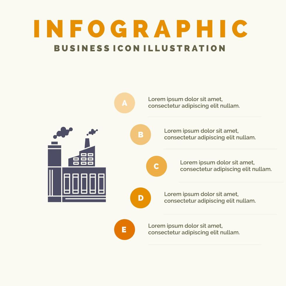 industrie gebouw bouw fabriek rook solide icoon infographics 5 stappen presentatie achtergrond vector