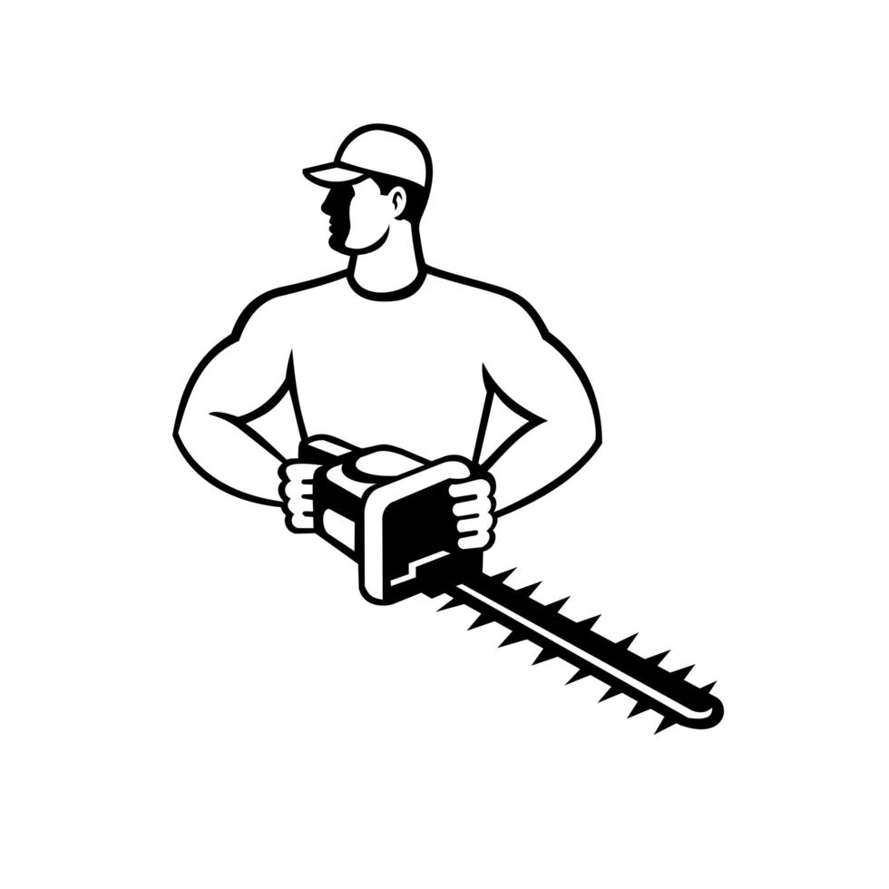 tuinman of tuinarchitect met tuinheggenschaar of -schaar vooraanzicht retro zwart en wit vector