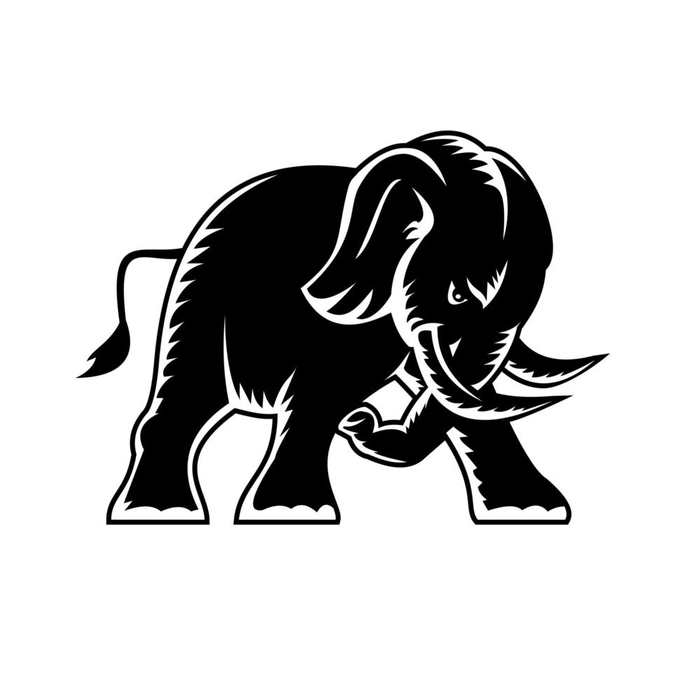 boze olifant opladen aanvallende zijaanzicht mascotte houtsnede zwart en wit vector