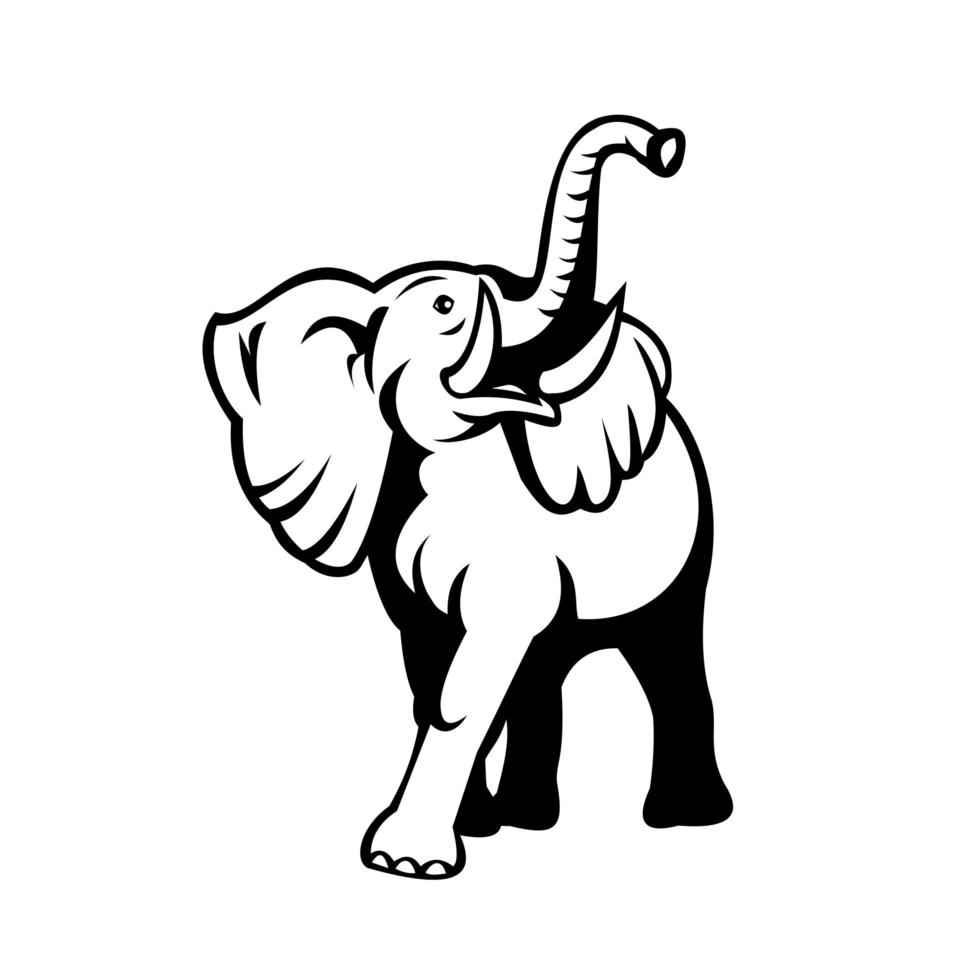olifant met lange slagtand opzoeken mascotte retro zwart en wit vector