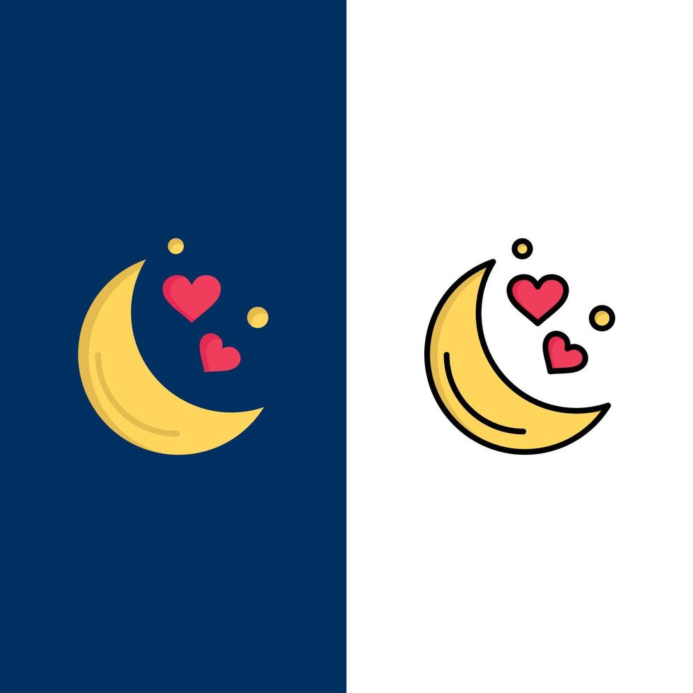 maan nacht liefde romantisch nacht pictogrammen vlak en lijn gevulde icoon reeks vector blauw achtergrond