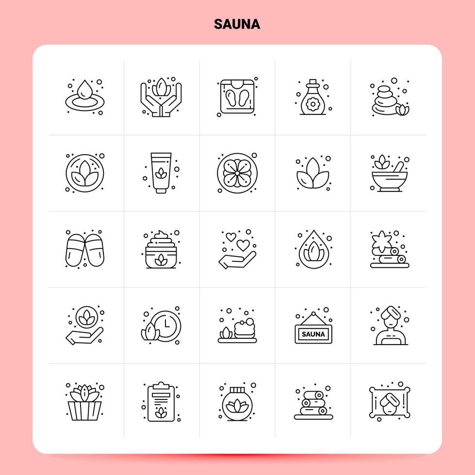 schets 25 sauna icoon reeks vector lijn stijl ontwerp zwart pictogrammen reeks lineair pictogram pak web en mobiel bedrijf ideeën ontwerp vector illustratie