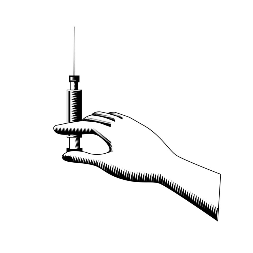 hand met een spuit met injectienaald retro houtsnede zwart en wit vector