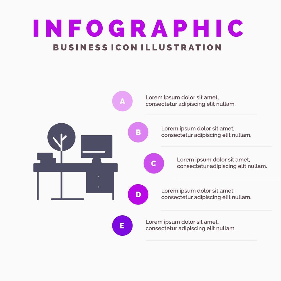 comfort bureau kantoor plaats tafel solide icoon infographics 5 stappen presentatie achtergrond vector