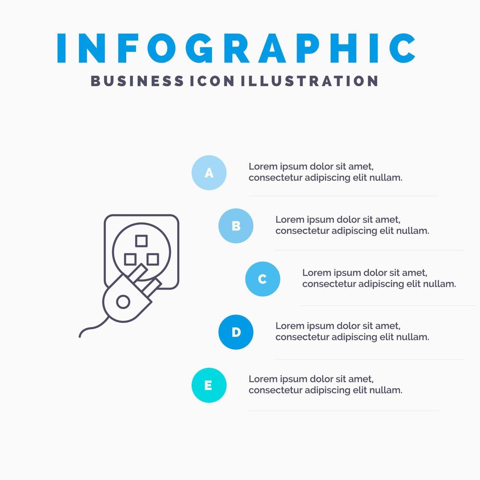plug elektrisch elektrisch koord in rekening brengen lijn icoon met 5 stappen presentatie infographics achtergrond vector