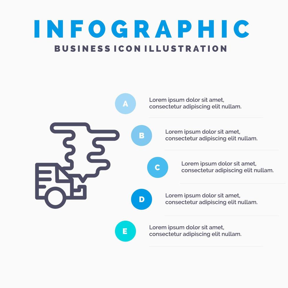 auto- auto emissie gas- verontreiniging lijn icoon met 5 stappen presentatie infographics achtergrond vector