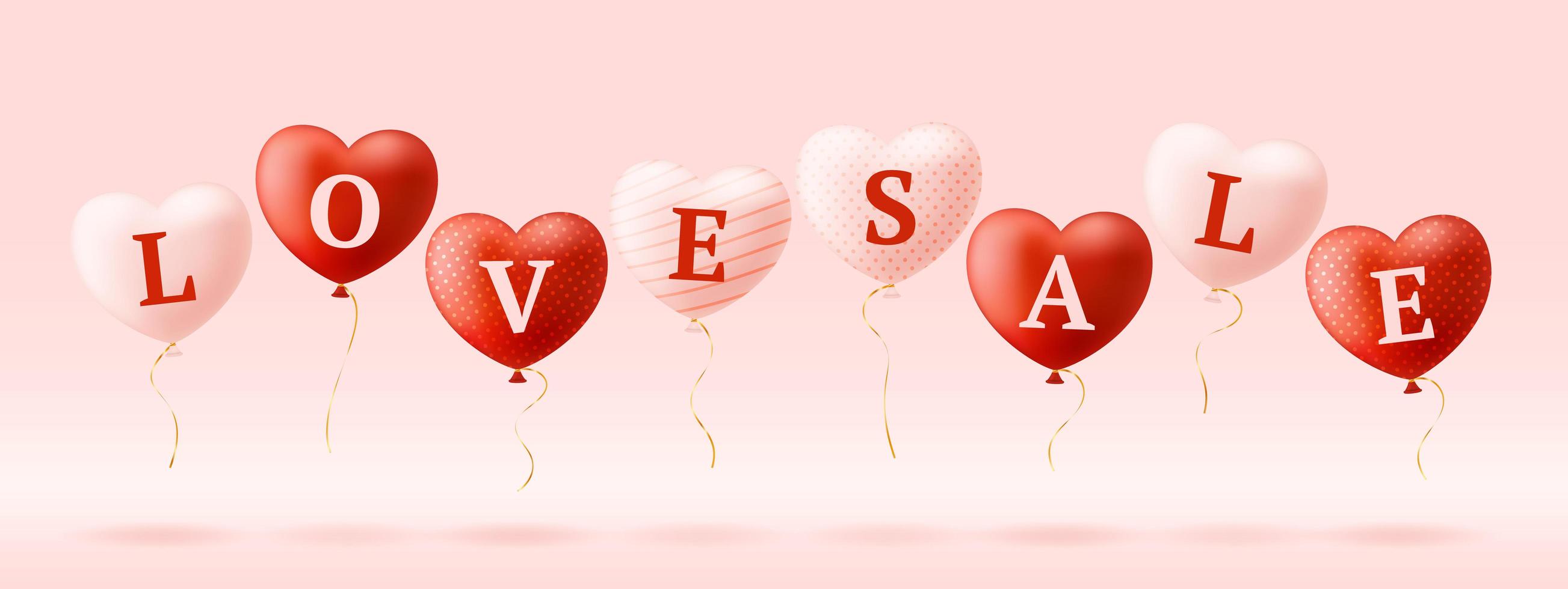 hou van woord en verkoop op realistische harten. Valentijnsdag kaart met roze en rode harten en belettering liefde. vector illustratie verkoop of korting concept