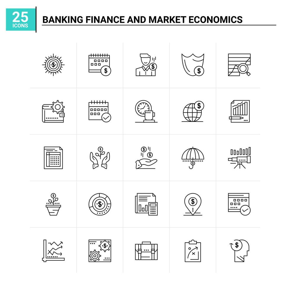 25 bank financiën en markt economie icoon reeks vector achtergrond