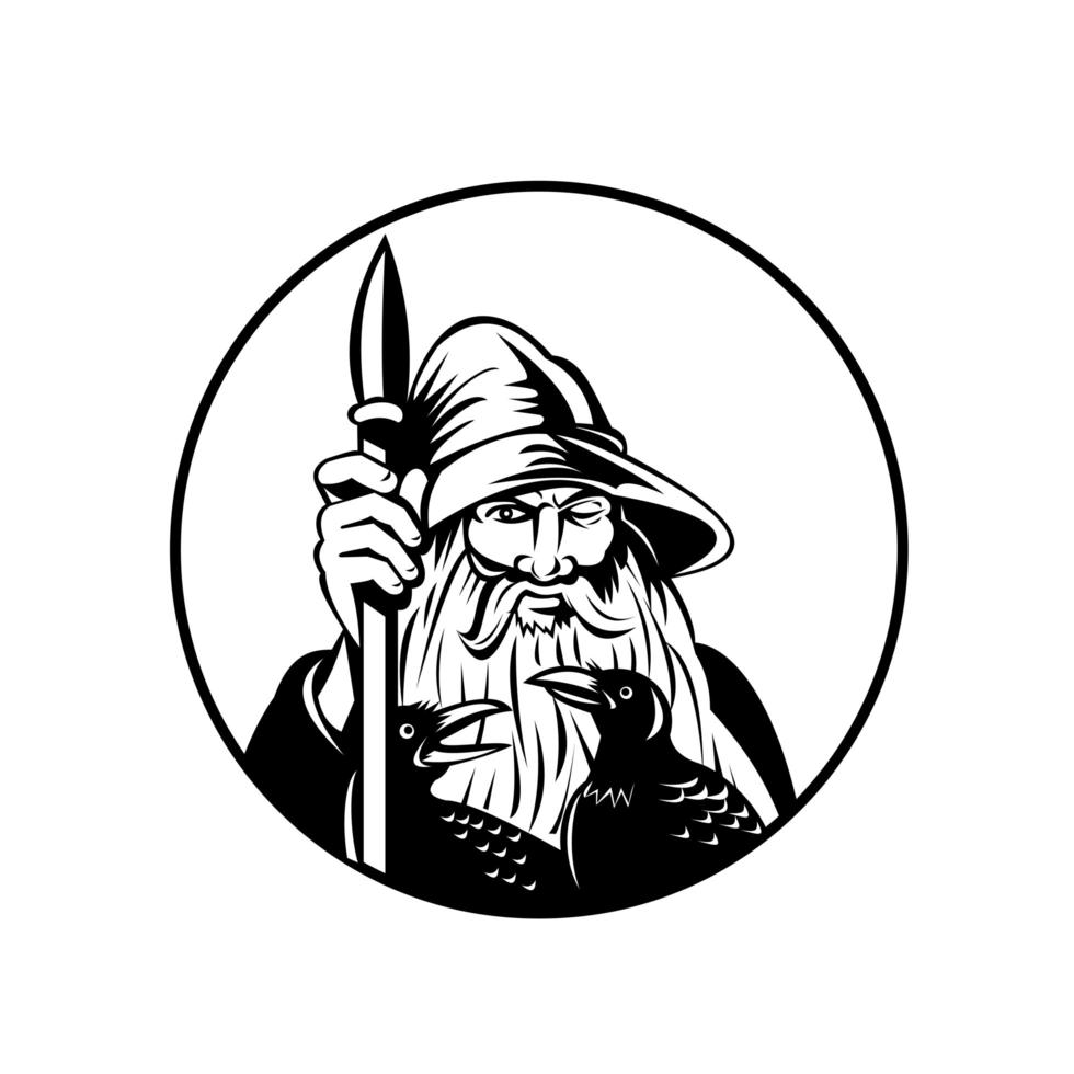 odin norse god van oorlog en van de doden en raven cirkel retro zwart en wit vector