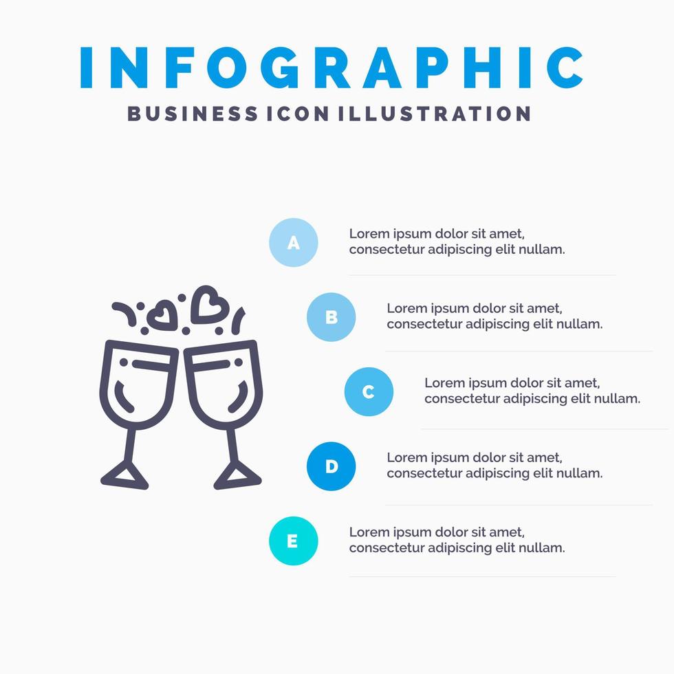 glas liefde drinken bruiloft lijn icoon met 5 stappen presentatie infographics achtergrond vector