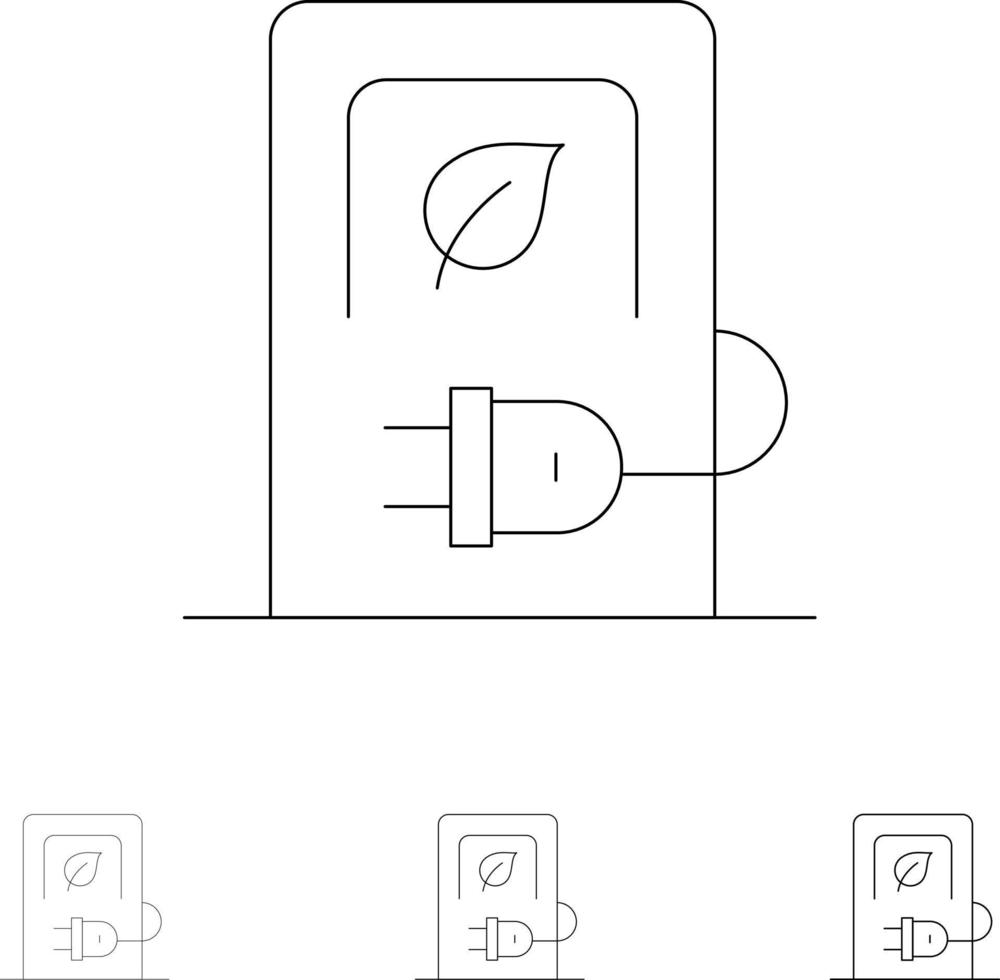 auto opladen elektrisch stations voertuig stoutmoedig en dun zwart lijn icoon reeks vector