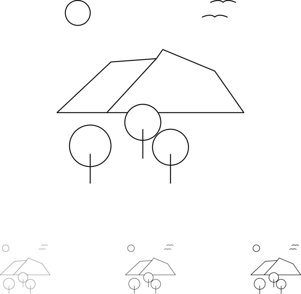 landschap berg boom vogelstand stoutmoedig en dun zwart lijn icoon reeks vector