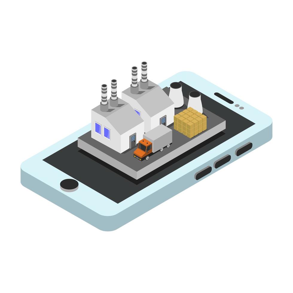 isometrische fabriek op een smartphone vector