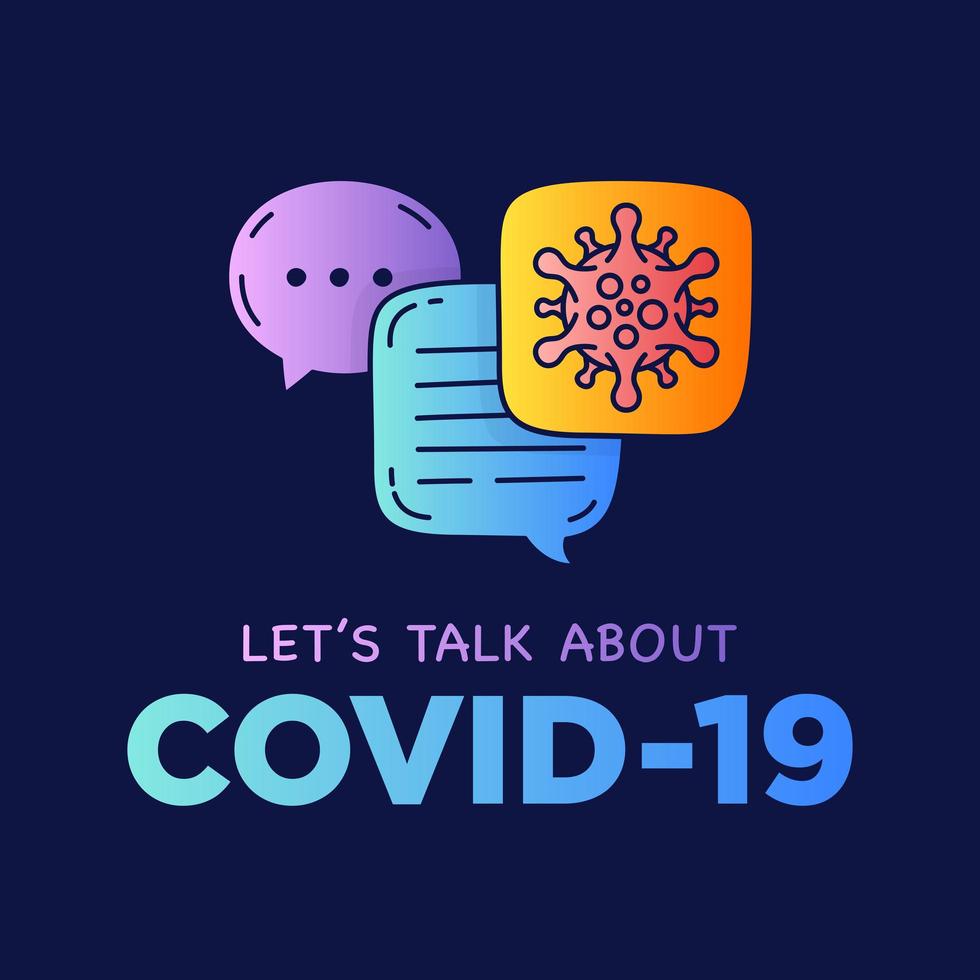 laten we het hebben over covid-19 coronavirus doodle illustratie dialoogvenster tekstballonnen met pictogram. vector