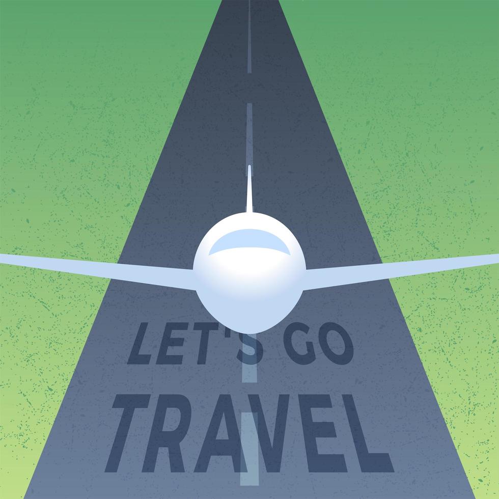 landschapsmening van landingsbaan op de luchthaven leidt naar de lucht met vliegtuig vliegtuig stijgt op met tekst laten we gaan reizen voor behang, achtergrond, internetbanner vector