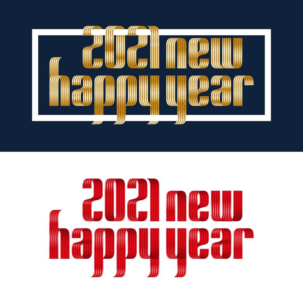 stel 2021 gelukkig Nieuwjaar rood en goud lint lettertype op witte en blauwe achtergrond. prettige kerstdagen en een gelukkig nieuwjaar wenskaart banner. vector