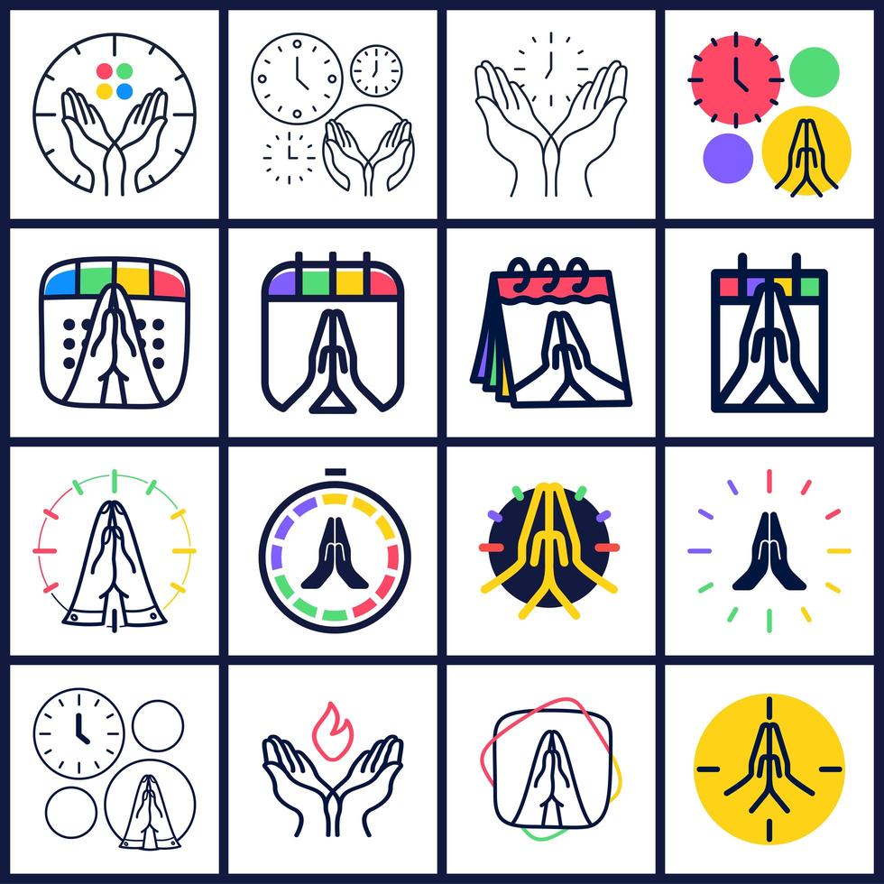 tijd om te bidden vector logo set. collectio van biddende handen pictogram met klok of kalender