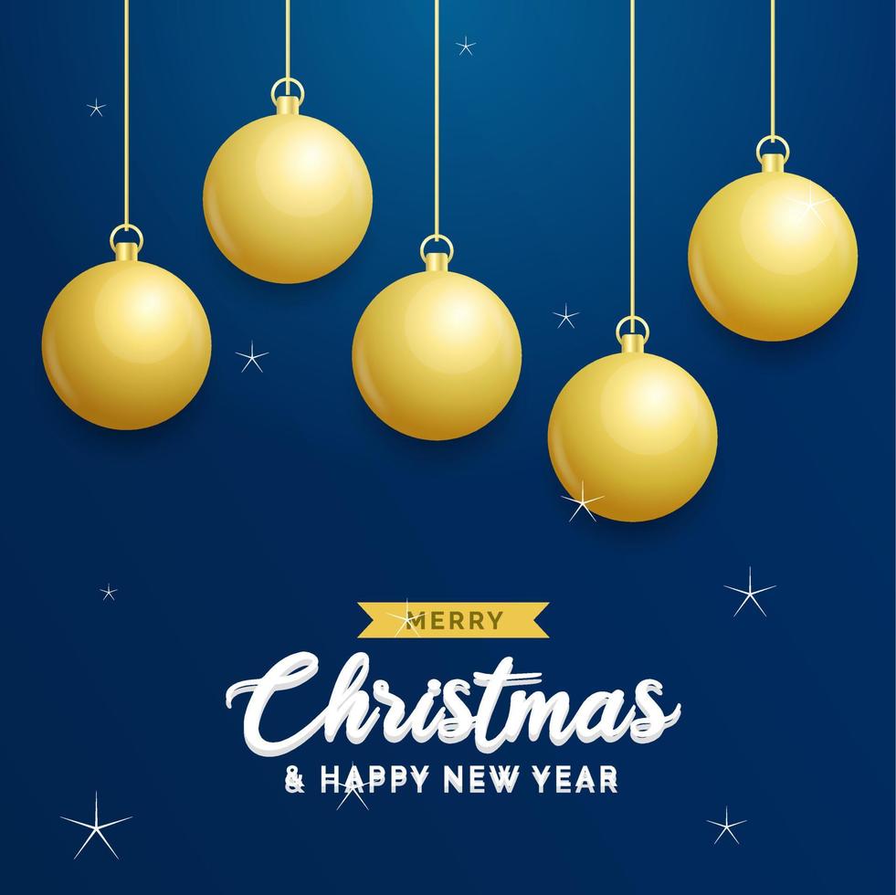 Kerstmis blauw achtergrond met hangende schijnend gouden ballen. vrolijk Kerstmis groet kaart. vakantie Kerstmis en nieuw jaar poster. web banier vector